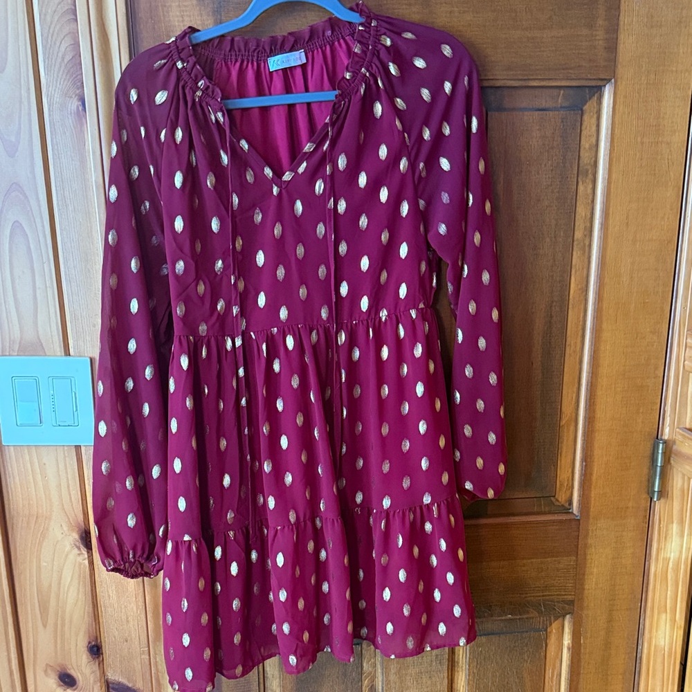 Kirundo Burgundy Dress with Gold metallic Dots XS